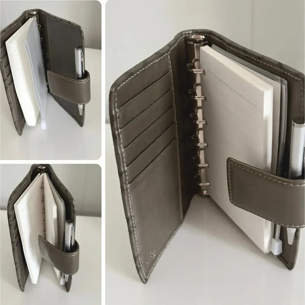 Gucci Guccissima Bronze Pewter Leather 6-Ring Agenda Planner w/ Pen & Pouch